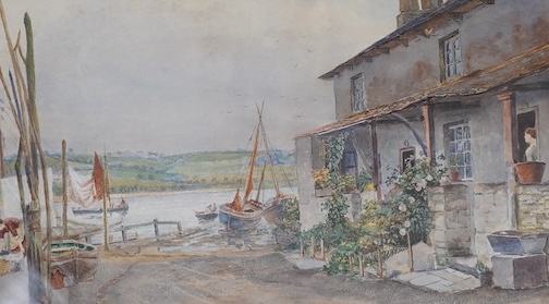 E. Martin, early 20th century, watercolour, Fishing village, 23 x 37cm. Condition - fair